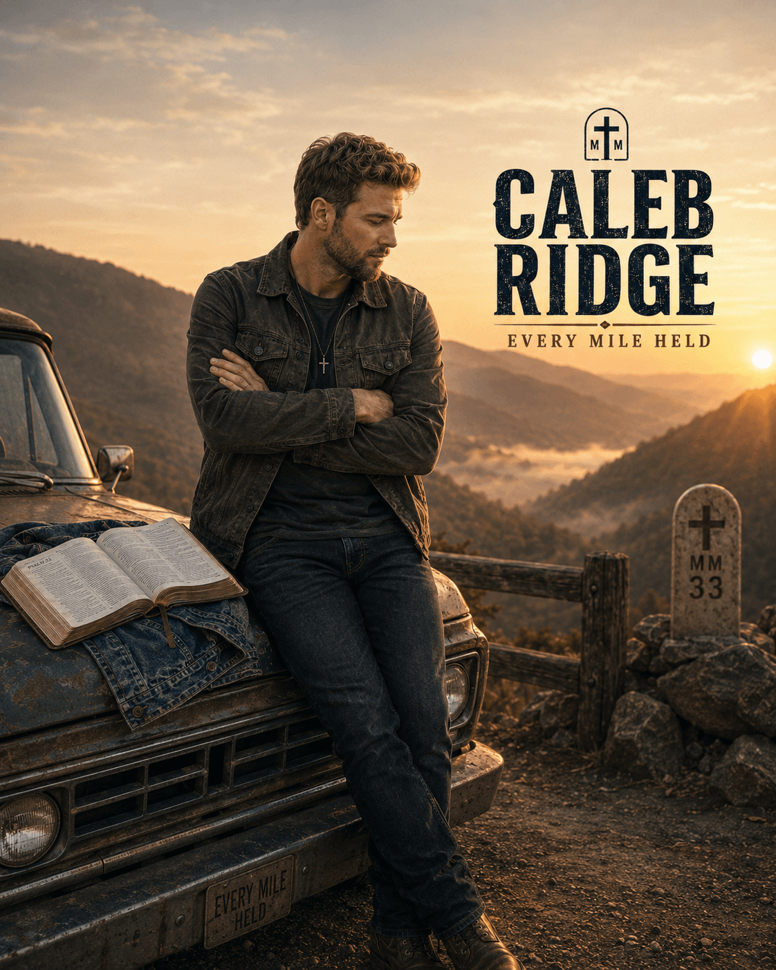 Caleb Ridge sitting on a truck at sunrise